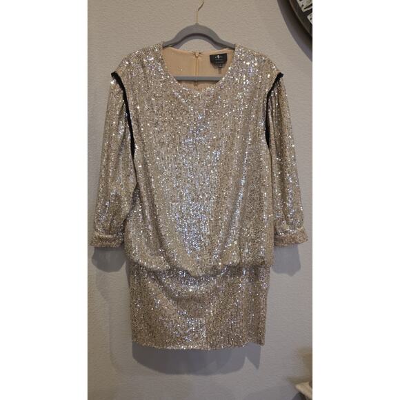 7 For All Mankind Shift Dress Womens L Gold Sequin Long Sleeve Scoop Neck - Picture 2 of 10